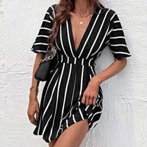 Striped Plunging Neckline Fold Pleated Dress L